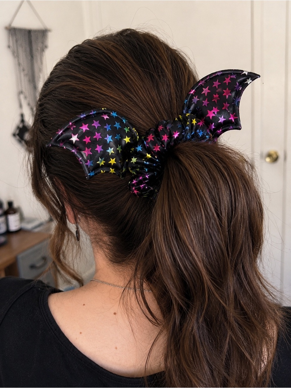 Bat Wing Scrunchie Hair Tie in Black, Silver or Rainbow Stars - Pick One - Picture 3 of 7
